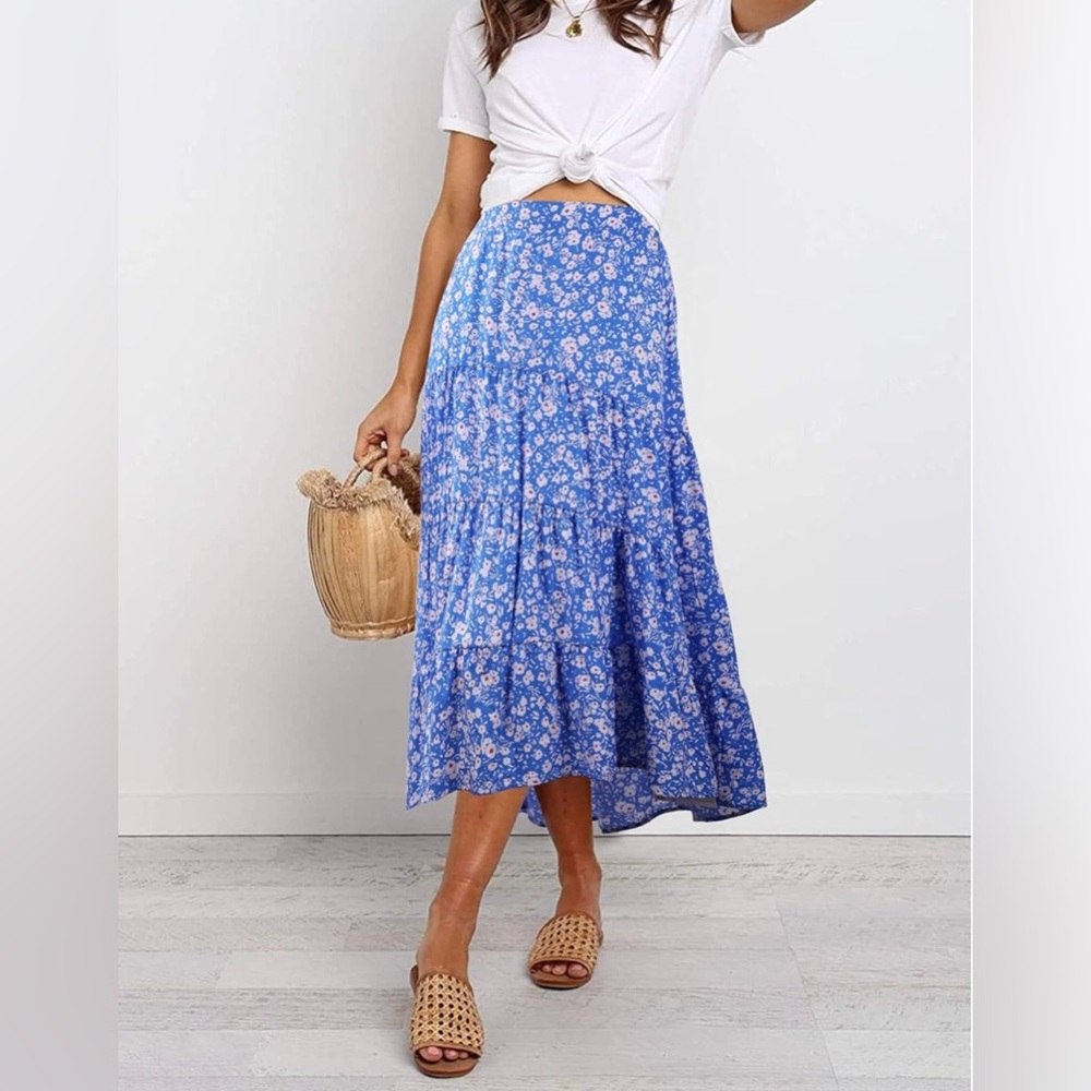 PRETTYGARDEN Women's Ditzy Floral Print Midi Skirt - Large